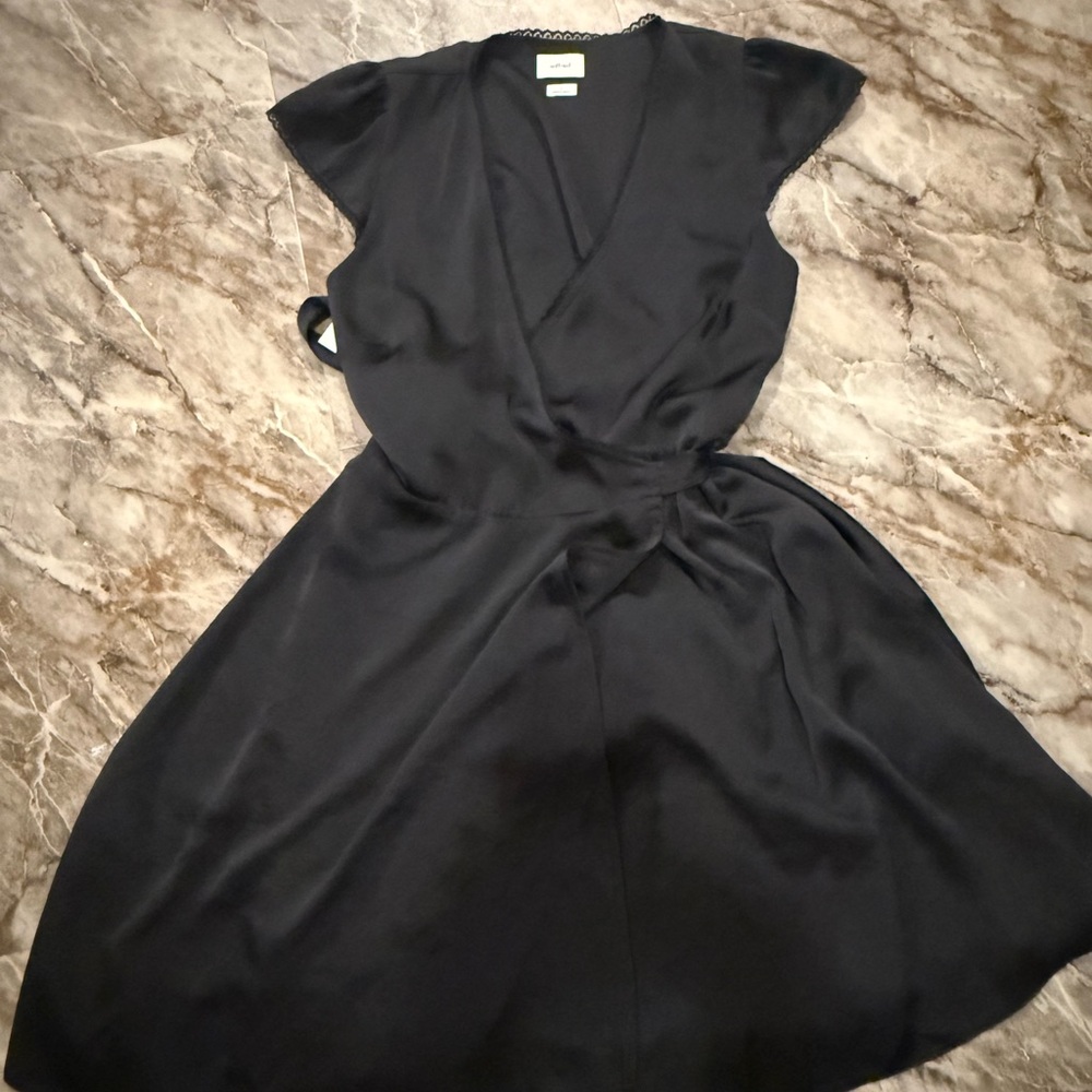 Mademoiselle Black Satin Short-Sleeve Wrap Mini Dress - Aritzia